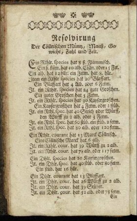 Resolvirung Der Cöllnischen Müntz, Maaß, Gewicht, Zahl und Zeit.