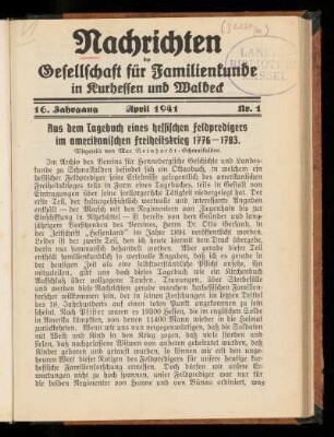 [Nachrichten der Gesellschaft für Familienkunde in Kurhessen und Waldeck, 16. Jahrgang, 1941]