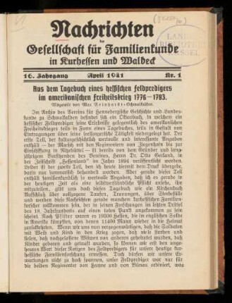 [Nachrichten der Gesellschaft für Familienkunde in Kurhessen und Waldeck, 16. Jahrgang, 1941]