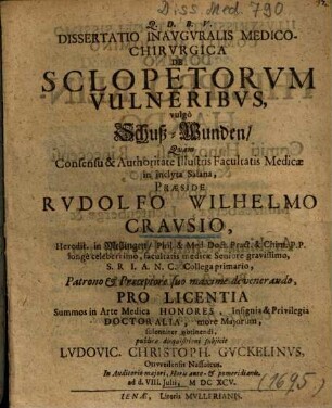 Dissertatio Inavgvralis Medico-Chirvrgica De Sclopetorvm Vulneribvs, vulgo Schuß-Wunden