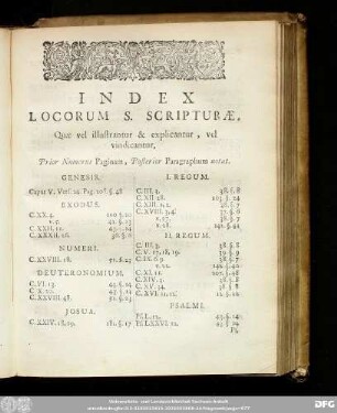 Index Locorum S. Scripturae, Quae vel illustrantur & explicantur, vel vindicantur.