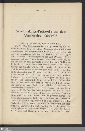 Versammlungs-Protokolle aus dem Vereinsjahre 1906/1907