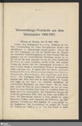 Versammlungs-Protokolle aus dem Vereinsjahre 1906/1907