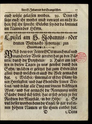 Epistel am S. Johannis-oder dritten Weihnacht-Feyertage/ ...