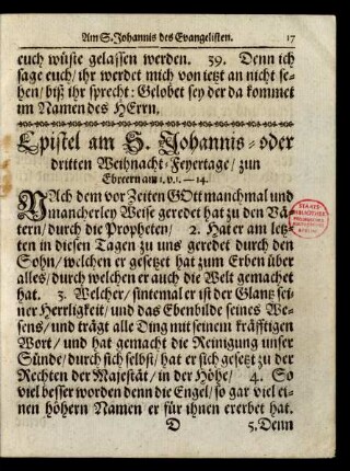 Epistel am S. Johannis-oder dritten Weihnacht-Feyertage/ ...