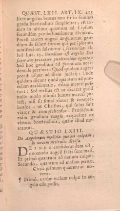 Quaestio LXIII. De Angelorum malitia quo ad culpam, in novem articulos divisa.