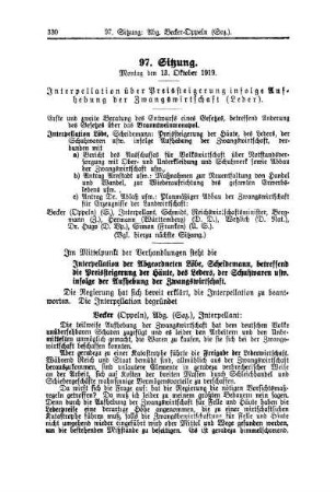 97. Sitzung. Montag den 13. Oktober 1919