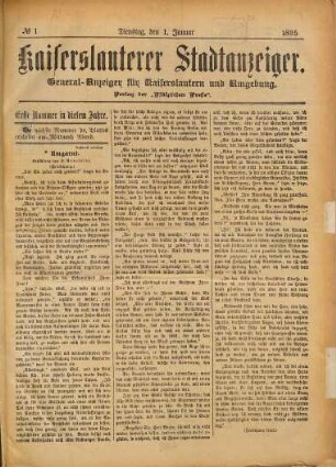 Kaiserslauterer Stadtanzeiger : Generalanzeiger für Kaiserslautern und Umgebung. 1895,1/6 = [Jg. 15]