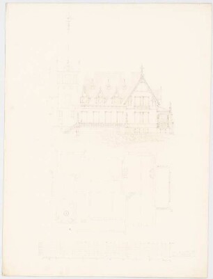 Landgut Treutler, Neu-Weißstein Landhaus: Grundriss Erdgeschoss (1:100), Aufriss (1:100), Maßstabsleiste