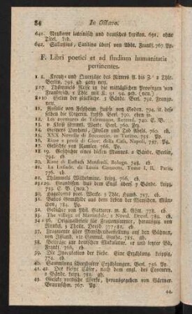 84-121, F. Libri poetici et ad studium humanitatis pertinentes. Libri varii argumenti. Anhang in Octavo.