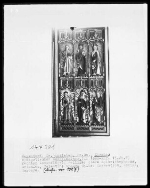 Rechter Flügel: Oben: Stephanus, Antonius, Valentin; unten: Laurentius, Monika, Barbara