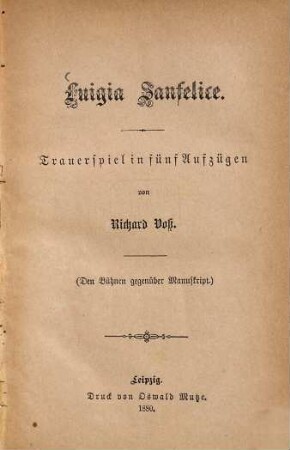 Luigia Sanfelice : Trauerspiel in fünf Aufzügen von Richard Voss