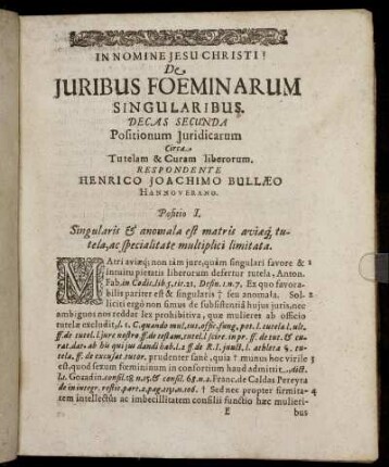 Decas Secunda Positionum Juridicarum Circa Tutelam & Curam liberorum.
