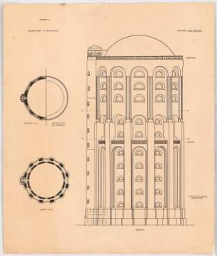 Wasserturm Winterhude, Hamburg: Aufriss 1:100, 2 Schnitte 1:200