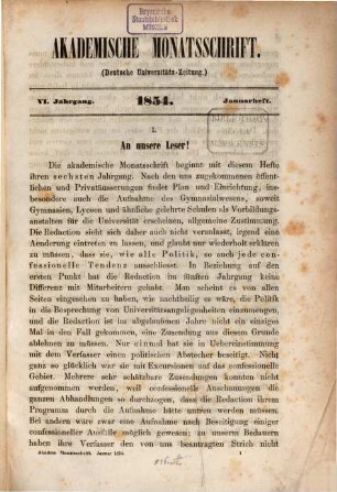 Akademische Monatsschrift : Zentralorgan für d. Gesamtinteressen deutscher Universitäten. 6. 1854. Jan. - März