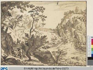 Hügelige Landschaft mit Reisenden und Burg