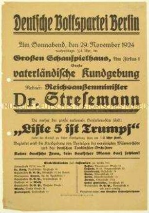 Ankündigung einer Kundgebung der Deutschen Volkspartei am 29. November 1924 in Berlin zur bevorstehenden Reichstagswahl
