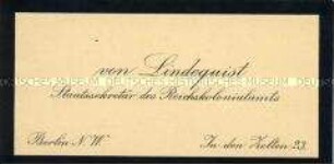 Visitenkarte (Kondolenzkarte) des Staatssekretärs im Reichskolonialamt Friedrich von Lindequist aus der Sammlung des Reichskanzlers Wilhelm Marx / Kategorie "Staatssekretäre" - Sachkonvolut