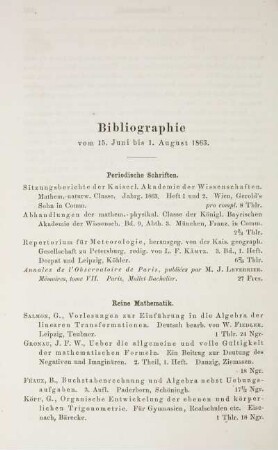 Bibliographie vom 15. Juni bis 1. August 1863.