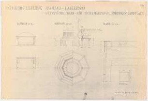 Gartenanlage Forschungssiedlung Haselhorst, Berlin-Spandau: Unterstandshaus, Rundbank, Sandplatz: Grundrisse, Ansichte, Schnitte 1:50, 1:10
