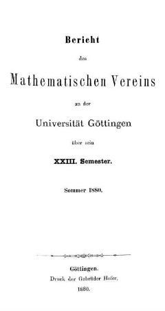 23.1880: Bericht des Mathematischen Vereins an der Universität Göttingen