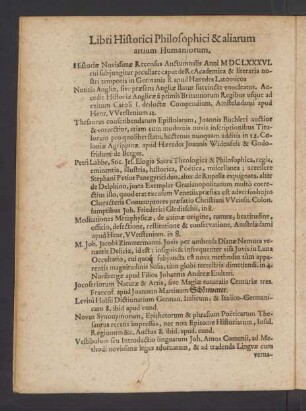 Libri Historici Philosophici & aliarum artium Humaniorum.