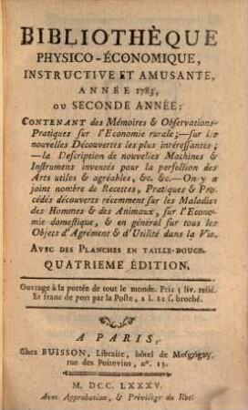 Bibliothèque physico-économique : instructive et amusante. 1783, 1783 = A. 2