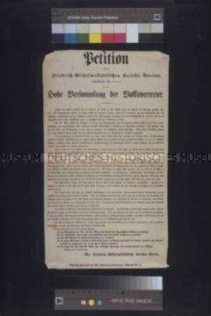 Maueranschlag: Petition des Friedrich-Wilhelmstädtischen Bezirks-Vereins an die Preußische Nationalversammlung wegen der Ehrung der Märzgefallenen; Berlin, 5. Juni 1848