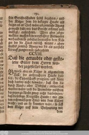 CCVIII. Daß die geraubte oder gestolene Güter dem Herrn wieder zugestellet werden.
