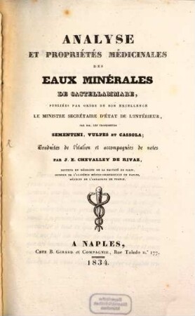 Analyse et propriétés médicinales de eaux minérales de Castellammare
