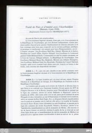 (86) Traité de Paix et d'Amitié avec l'Azerbaïdjan (Batoum, 4 juin 1918)