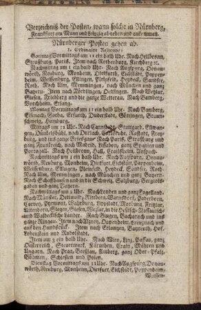Verzeichniß der Posten, wann solche in Nürnberg, Frankfurt am Mayn und Leipzig abgehen und ankommen.