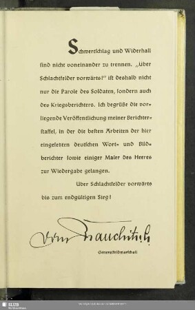 Geleitwort, von Generalfeldmarschall v. Brauchitsch