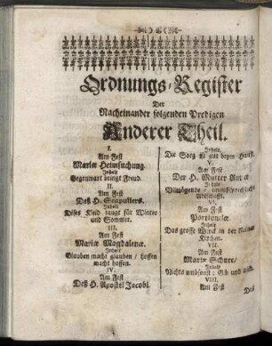 Ordnungs-Register Der Nacheinander folgenden Predigen Anderer Theil.