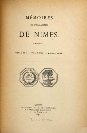 Mémoires de l'Académie de Nîmes. 14. 1891 (1892)