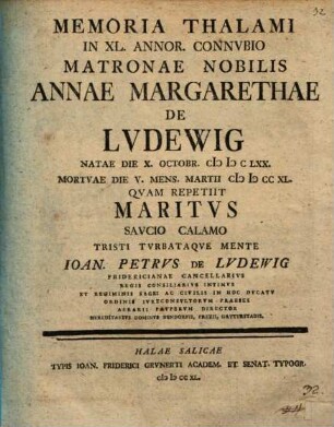 Memoria thalami in XL. annorum connubio matronae nob. Annae Margarethae de Ludewig