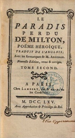 Le Paradis Perdu de Milton : poeme heroique. 2