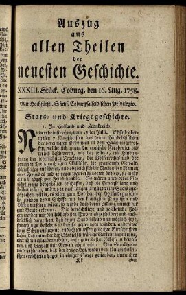 XXXIII. Stück. Coburg, den 16. Aug. 1758.