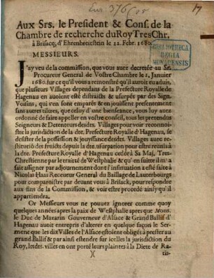 Lettre écrite à Messieurs le président et conseillers de la chambre de recherche du Roy très chret. à Brisacq