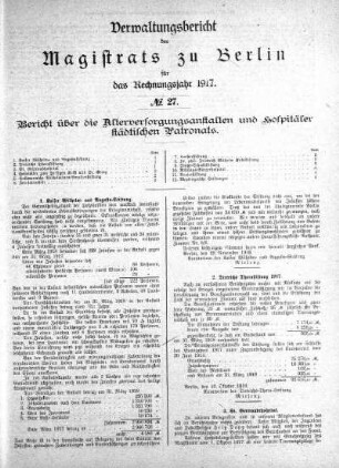No. 27. Bericht über die Altersversorgungsanstalten und Hospitäler städtischen Patronats