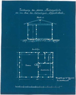 Doppelschule, Sudenburg: Grundriss und Schnitt Bürogebäude 1:66