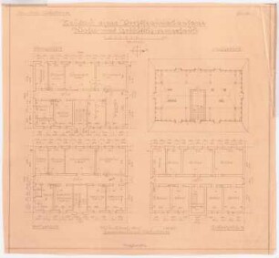 Kraftfahrschule, Wünsdorf: Wohn- und Geschäftshaus: Grundriss Keller-, Erd-, Ober- und Dachgeschoss 1:100