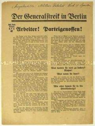 Flugblatt der KPD zu den Märzkämpfen 1919 in Berlin