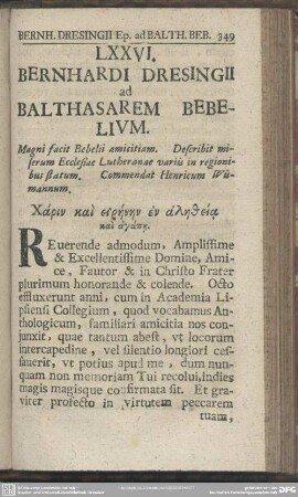 LXXVI. Bernhardi Dresingii ad Balthasarem Bebelium