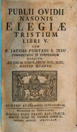 Publii Ovidii Nasonis Elegiæ Tristium Libri V.