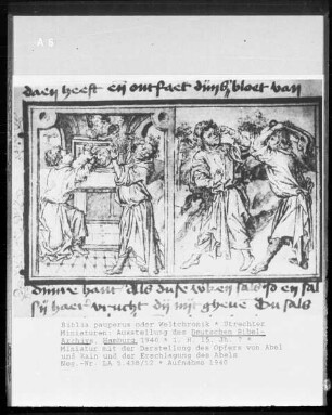 Biblia pauperum / Weltchronik — Miniatur mit der Darstellung des Opfers von Abel und Kain und der Erschlagung des Abels