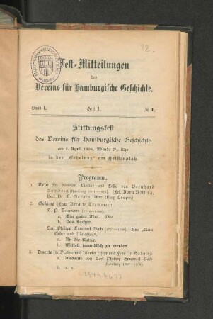 Fest-Mitteilungen des Vereins für Hamburgische Geschichte : Band I. Heft 1. No 1. : Stiftungsfest des Vereins für Hamburgische Geschichte am 1. April 1905, Abends 7 1/2 Uhr in der "Erholung" am Holstenplatz