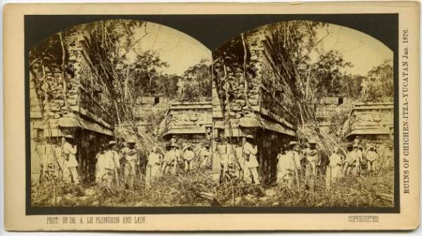 "Las Monjas (right and behind), left: southern outbuilding. In the foreground, among others, Madame Le Plongeon."