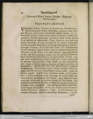 Venerabili Fratri Ioanni Nicolao, Episcopo Myriophytano. Pius Papa Sextus