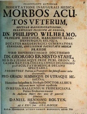Dissertatione Inaugurali Medica Morbos Acutos Veterum